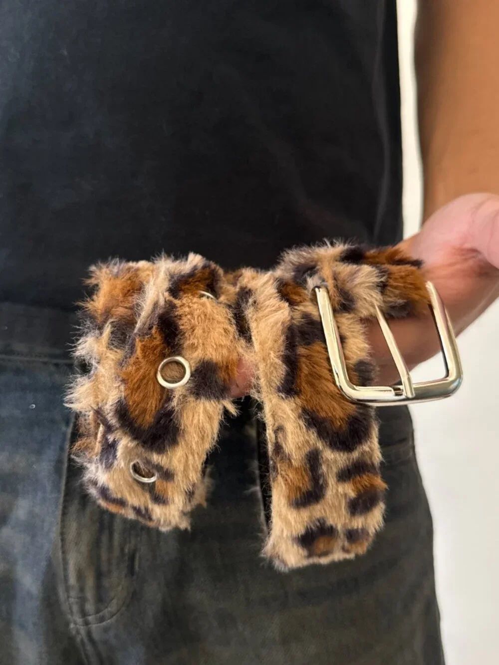 Plush Leopard Faux Fur Silver Buckle Belt